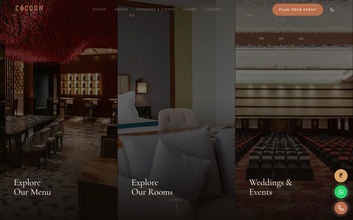 Cocoon Hotel Sangli website homepage designed by OrbitalTech Studio